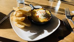 Cod and mashed potato to put on toast - $13  at Meander Riverside Eatery in Pagosa Springs