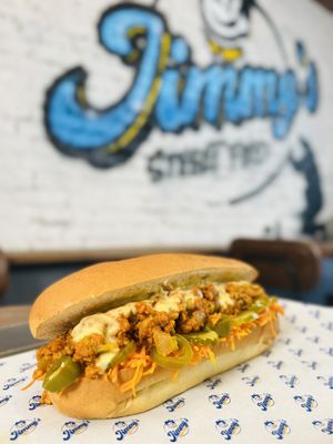 Sub Kardinal : vegan sloppy joe, with pickles, jalapeños, shredded carrots, melty vegan cheese.  at Jimmy's Street Food in Paris