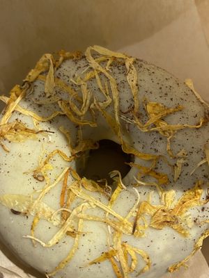 Yuzu (Japanese Citrus) Donut with Marigold Flowers  at Matchaful Cafe in New York City