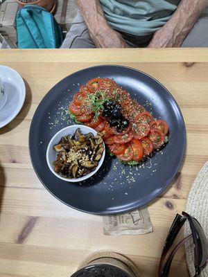 Tomato toast with extra mushrooms   at 100 Culpa in Porto