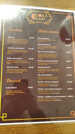 Menu at Dosa Dum in Prague