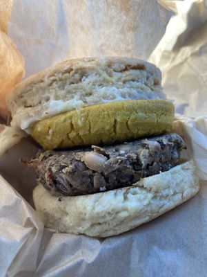 Plantbased Sausage, egg, and cheese biscuit 🌱🤙🏽 at Dulce Vegan Bakery and Cafe in Atlanta