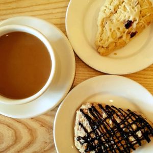 Orange cranberry scone, Chocolate raspberry scone and some delicious coffee! at Dulce Vegan Bakery and Cafe in Atlanta