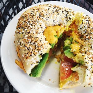 breakfast bagel sandwich.  at Dulce Vegan Bakery and Cafe in Atlanta