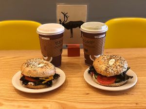 Breakfast bagels and coffee at Dulce Vegan Bakery and Cafe in Atlanta