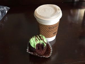 Chai Latte with oat milk and chocolate mint cupcake at Dulce Vegan Bakery and Cafe in Atlanta