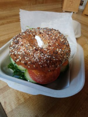 Signature breakfast bagel at Dulce Vegan Bakery and Cafe in Atlanta