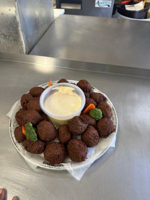 Catered Lentil balls with garlicky dip at Eden's Vegan Eatery in St Croix