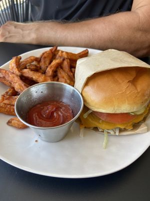 Burger and sweet potato fries   at Veggie Grill - Farmers Market in Los Angeles