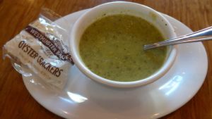 seasonal zucchini soup, very tasty at Veggie Grill - Farmers Market in Los Angeles