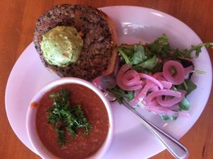 Quinoa veggie burger with avocado and lentil soup. Soup tastes like chili so it's truly a chili burger. So yummy. at Veggie Grill - Farmers Market in Los Angeles
