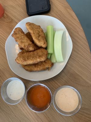 Plain chick’n tenders with ranch, chipotle aioli and buffalo sauces  at Veggie Grill - Farmers Market in Los Angeles