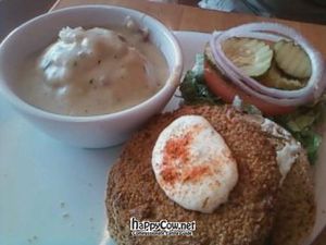 Crab Cake Sandwich with mashed potatoes at Veggie Grill - Farmers Market in Los Angeles