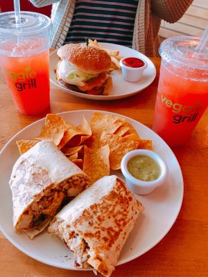 Chicken burrito and Beyond Burger at Veggie Grill - Farmers Market in Los Angeles