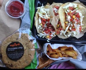 chickin tacos with fries & a cookie  at Veggie Grill - Farmers Market in Los Angeles