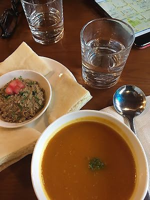 Pumpkin soup & vegetable pate with pitta breads. at Chīsù De - Veggie Table in Beijing