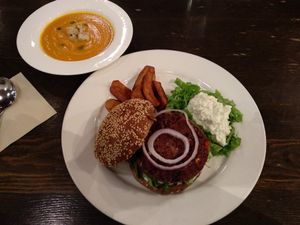 Southwest Bean Burger and Pumpkin Soup at Veggie Table at Chīsù De - Veggie Table in Beijing