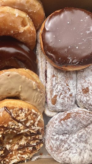 All vegan flavors: glazed, chocolate frosted, maple, samoa, boston cream, and lemon-filled   at Neil's Donuts in Middletown