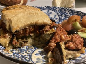 Moussaka with plant-based meat & vegan béchamel sauce on top. Delicious with rich flavor   at Vivi's Veggie in Seoul