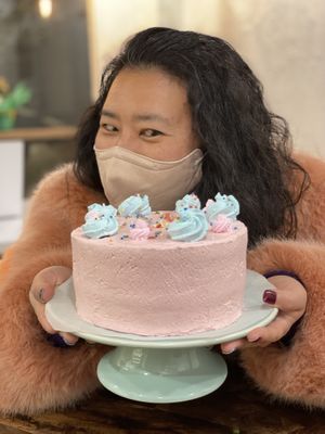 Vivien, the owner chef of Vivi’s Veggie surprised me with this cute cotton candy birth day cake!   at Vivi's Veggie in Seoul