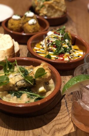Tofish, sweet potato with mango, paella balls   at SaltHouse in North Shields