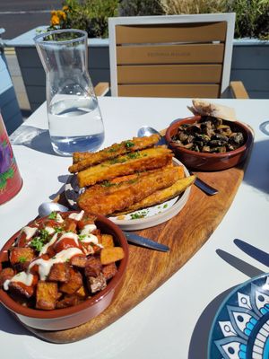 Patatas bravas, battered aubergine, garlic mushrooms at SaltHouse in North Shields