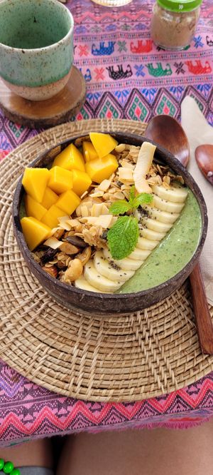 Green matcha bowl and Cappuccino with oat milk at Soul Phuket in Phuket