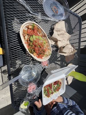 Bowl with tofu protein and vegan chorizo tacos   at Cilantro Taqueria in Shaker Heights
