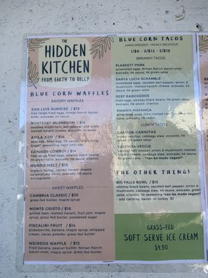 Menu all organic and gf at The Hidden Kitchen in Cayucos
