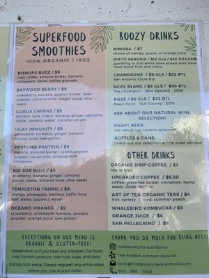 Menu at The Hidden Kitchen in Cayucos