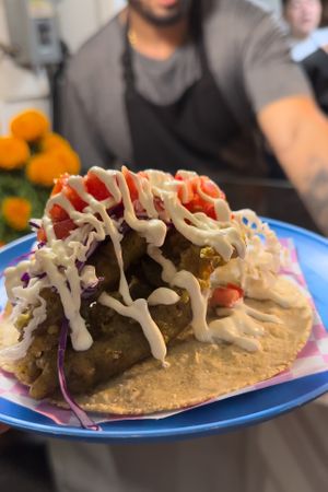 “Pescaditos”: Portobello y setas rebozados acopañados de "mayonesa", limón y salsa macha  at Paxil in Mexico City