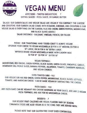 Vegan menu at Pizza Transit in Niles