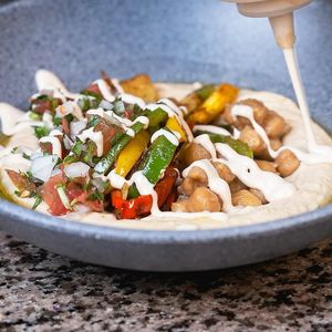 Hummus with grilled peppers and chickpeas at Hummus YA! in Mexico City