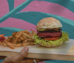 Mother Earth burger with homemade vegan buns from the pizza oven next door!  at Jungle SV in El Tunco