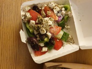 Vegan Greek salad at Vegan Pizza House in Vancouver