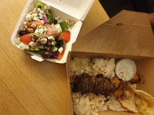 Vegan greek salad and souvlaki at Vegan Pizza House in Vancouver