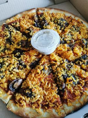 Mushroom pizza at Vegan Pizza House in Vancouver