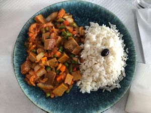 “Jardineira de seitan - seitan with vegetables and white rice   at Praia Da Alagoa in Porto Da Cruz