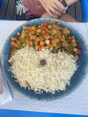Seitan with vegetables and rice  at Praia Da Alagoa in Porto Da Cruz