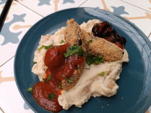 Fried eggplant with mashed potatoes at Fala Fala in Funchal