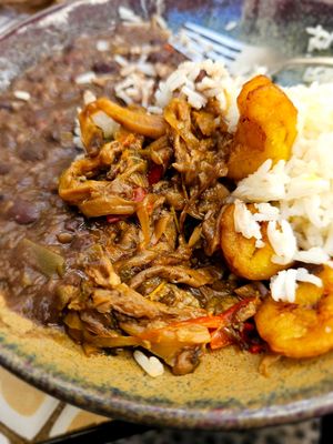 Daily Special, Bean rice, cooked plantane, and Mashroom meat at Fala Fala in Funchal