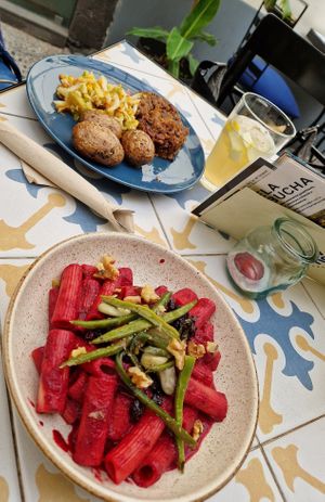 beetroot noodles with vegetables and potatoes with salad and I think vegetable frikadel at Fala Fala in Funchal