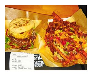 Brava Burger & Chili Cheez Fries at G Monkey Mobile Food Truck in Durham