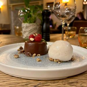 Peanut Mousse, chocolate glaze, roasted chopped peanuts, vanilla ice cream! at The Inn South Stainley in Harrogate