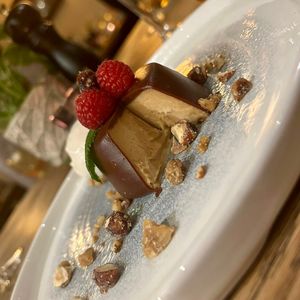 Peanut Mousse, chocolate glaze, roasted chopped peanuts, vanilla ice cream! at The Inn South Stainley in Harrogate