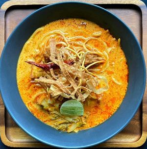 Spicy coconut noodles soup at Plant-erian in Krabi