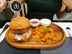 Tonkatsu burger with sweet potatoes at Plant-erian in Krabi
