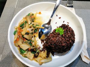 Fried mushrooms with rice at Plant-erian in Krabi