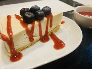 Cheesecake with homemade strawberry sauce   at Plant-erian in Krabi