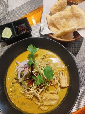 Coconut noodle soup with roti at Plant-erian in Krabi